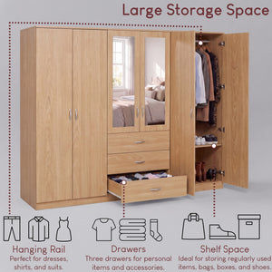Riano 6 Door 3 Drawer Mirrored Wardrobe, Pine