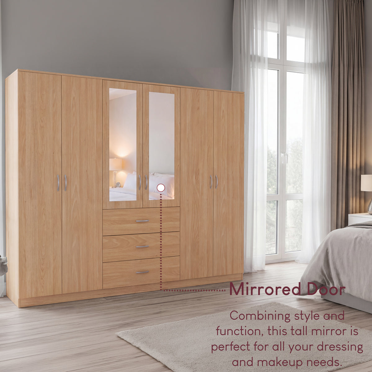Riano 6 Door 3 Drawer Mirrored Wardrobe, Pine