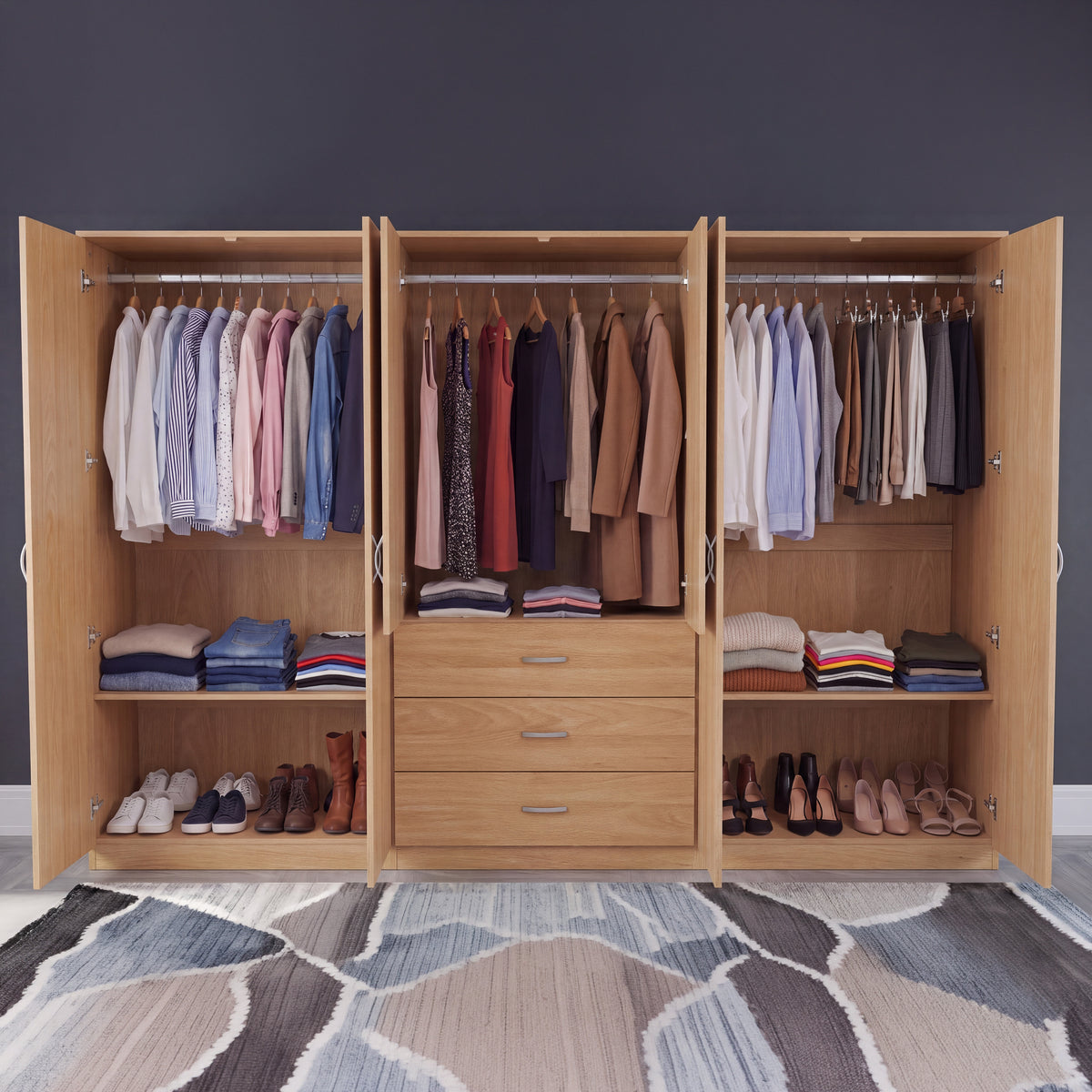 Riano 6 Door 3 Drawer Mirrored Wardrobe, Pine