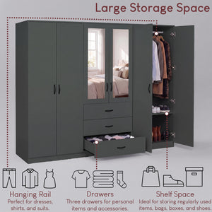 Riano 6 Door 3 Drawer Mirrored Wardrobe, Green