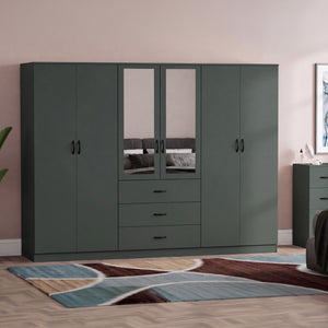 Riano 6 Door 3 Drawer Mirrored Wardrobe, Green