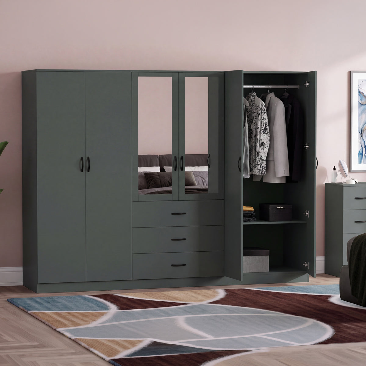 Riano 6 Door 3 Drawer Mirrored Wardrobe, Green
