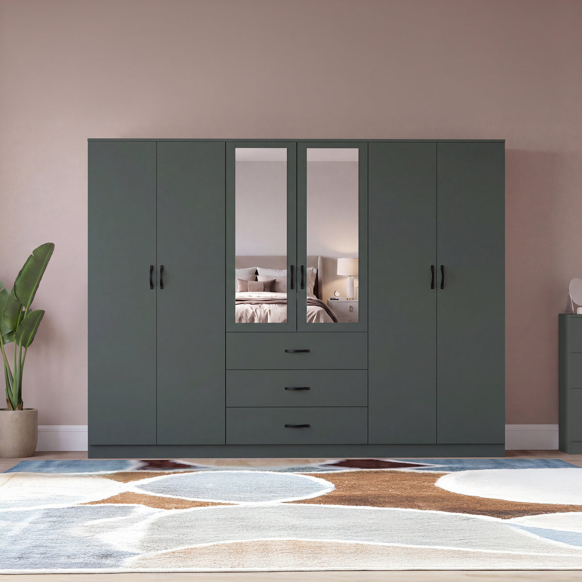 Riano 6 Door 3 Drawer Mirrored Wardrobe, Green
