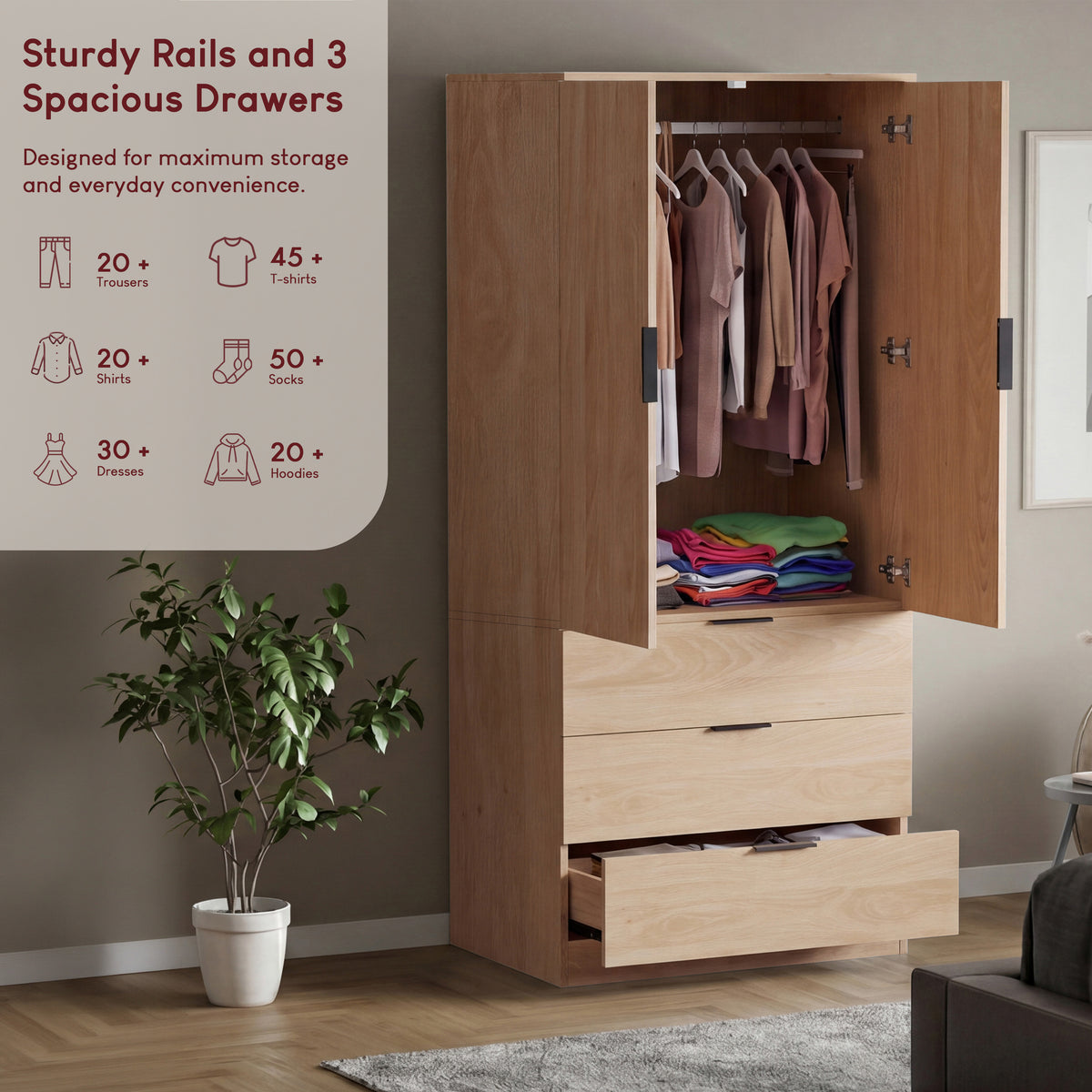Trega 2 Door 3 Drawer Wardrobe, Pine