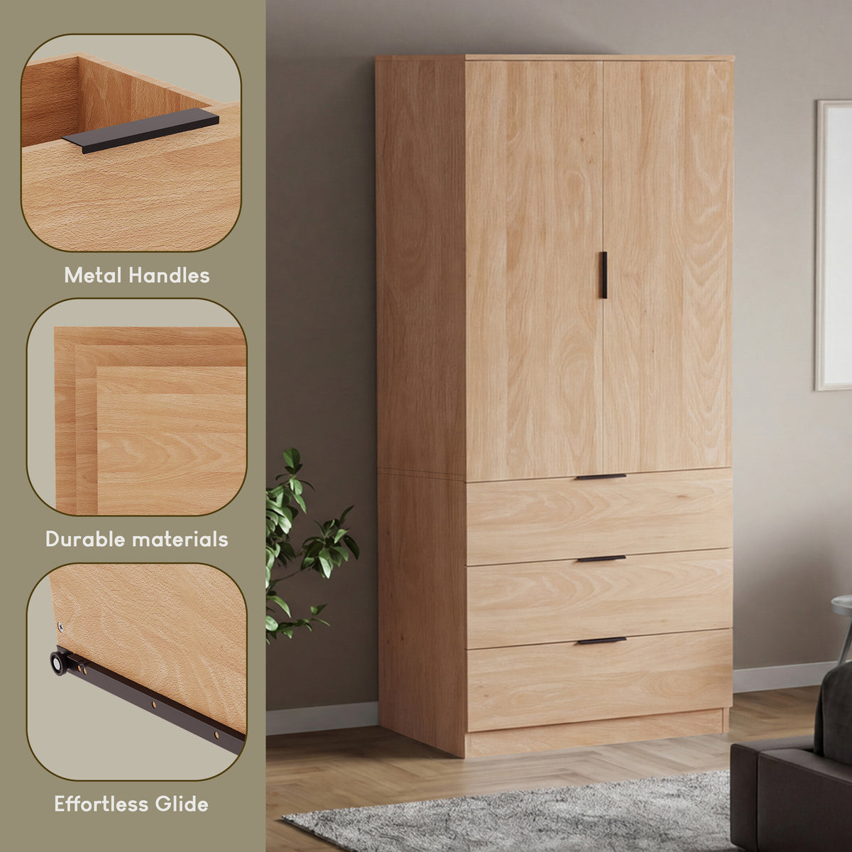 Trega 2 Door 3 Drawer Wardrobe, Pine