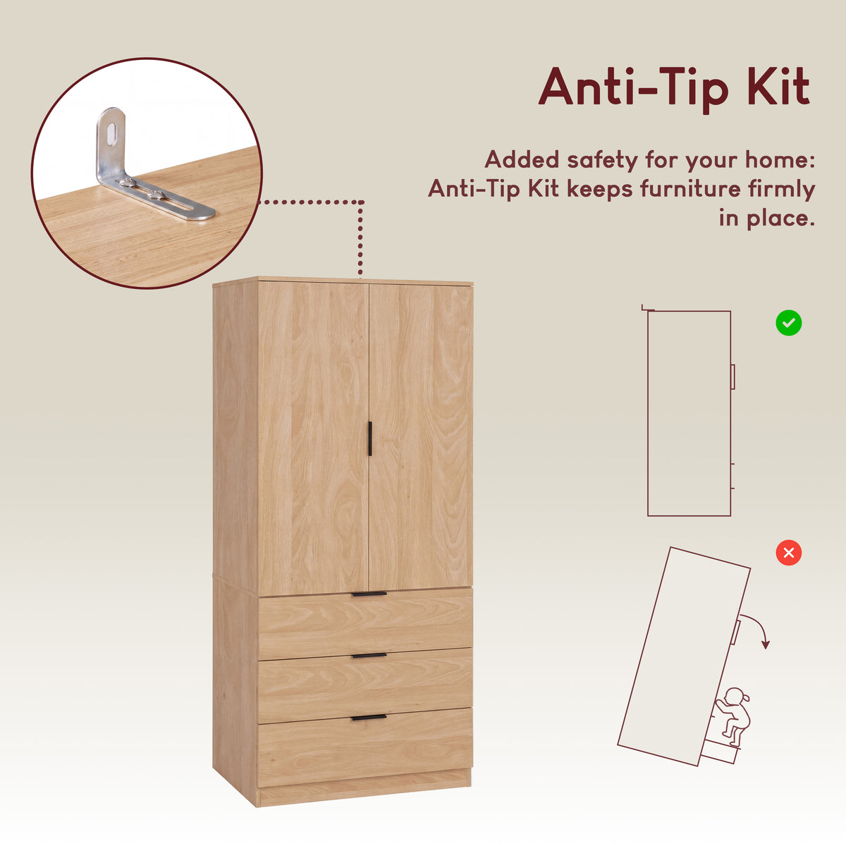 Trega 2 Door 3 Drawer Wardrobe, Pine