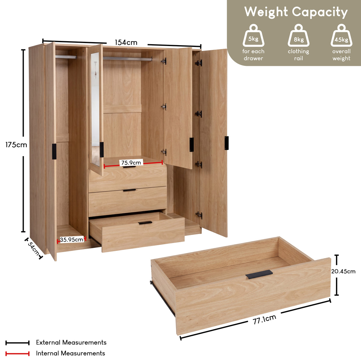 Trega 4 Door 3 Drawer Mirrored Wardrobe, Pine