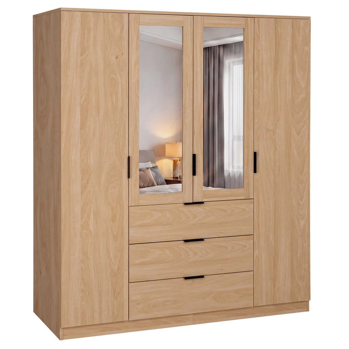 Trega 4 Door 3 Drawer Mirrored Wardrobe, Pine