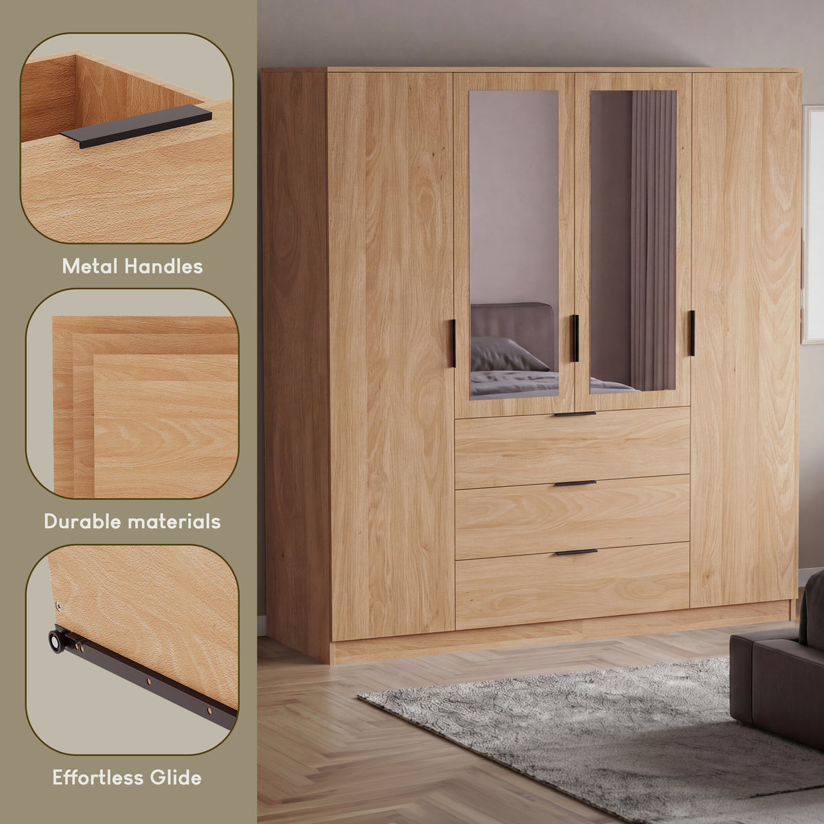 Trega 4 Door 3 Drawer Mirrored Wardrobe, Pine