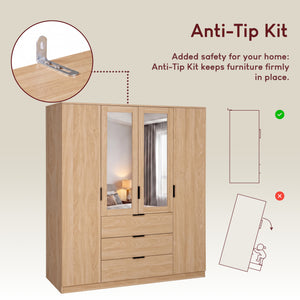 Trega 4 Door 3 Drawer Mirrored Wardrobe, Pine