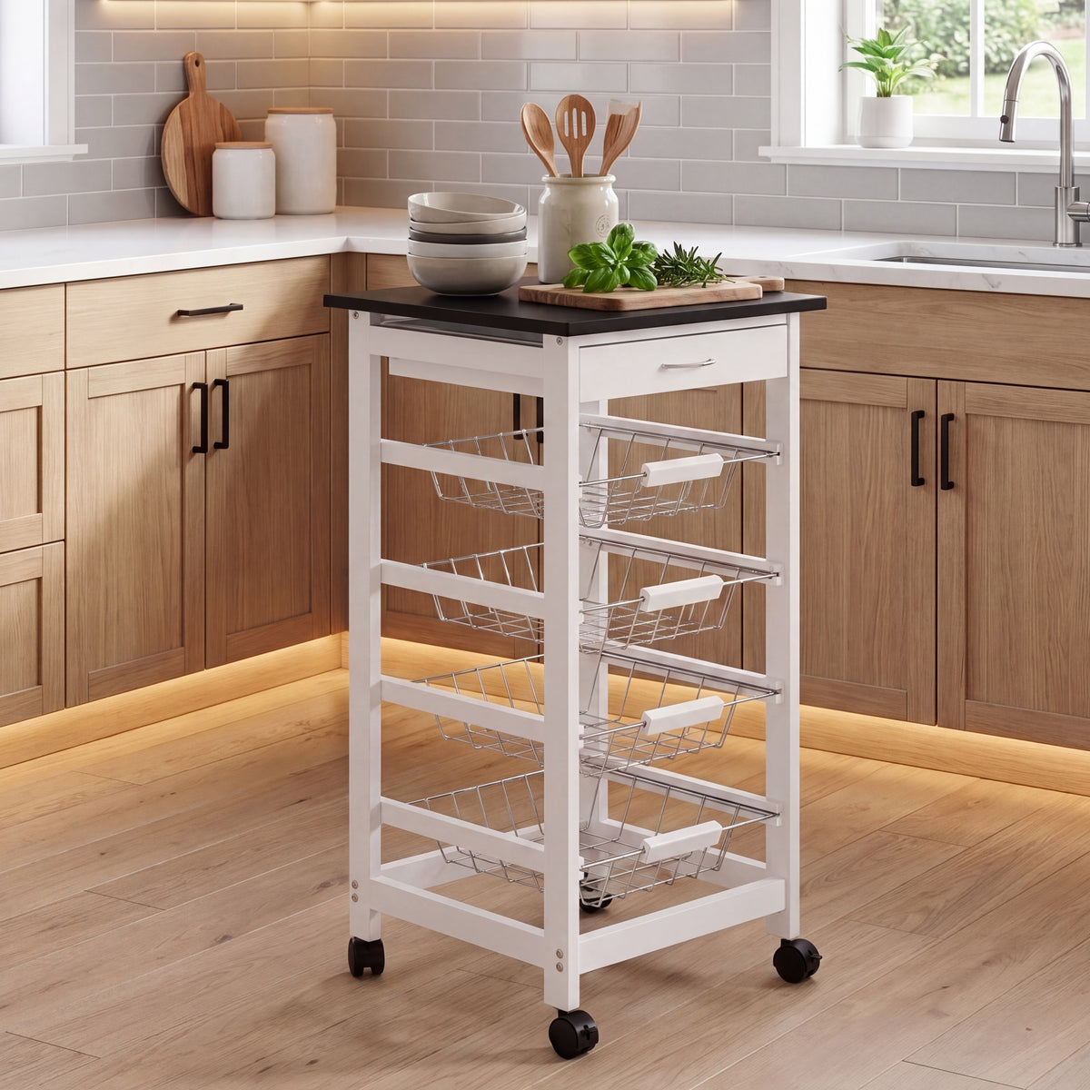 4-Tier Wooden Kitchen Trolley - White