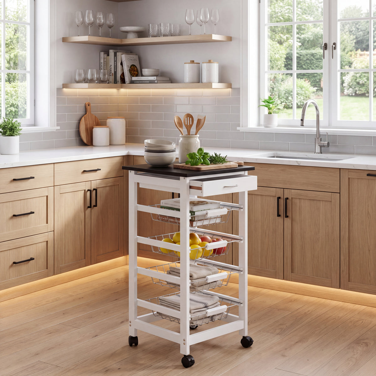 4-Tier Wooden Kitchen Trolley - White