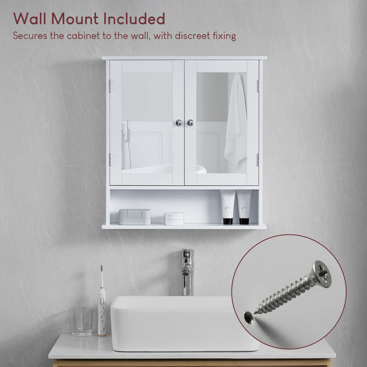 Priano 2-Door Mirrored Wall Cabinet With Shelf, White