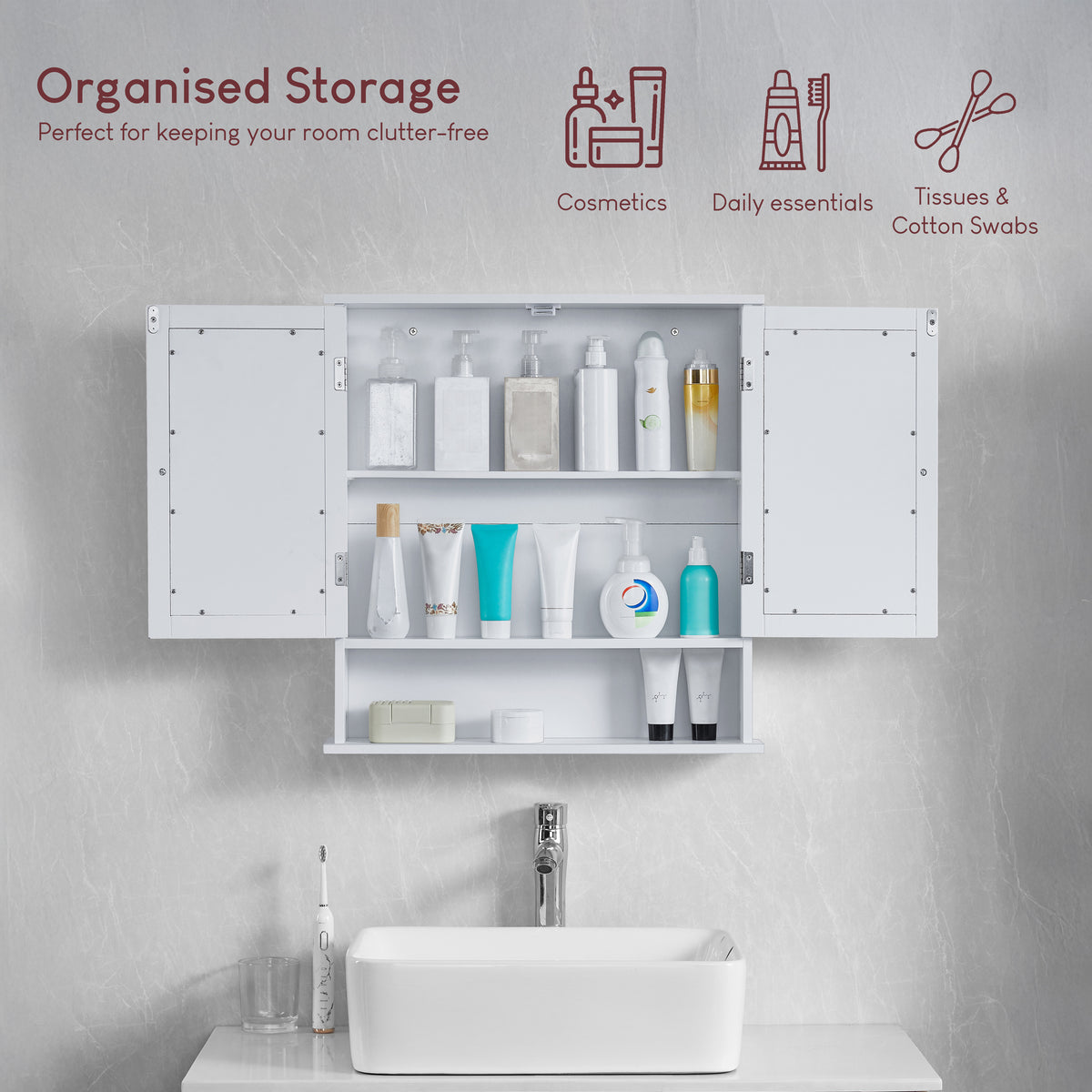 Priano 2-Door Mirrored Wall Cabinet With Shelf, White
