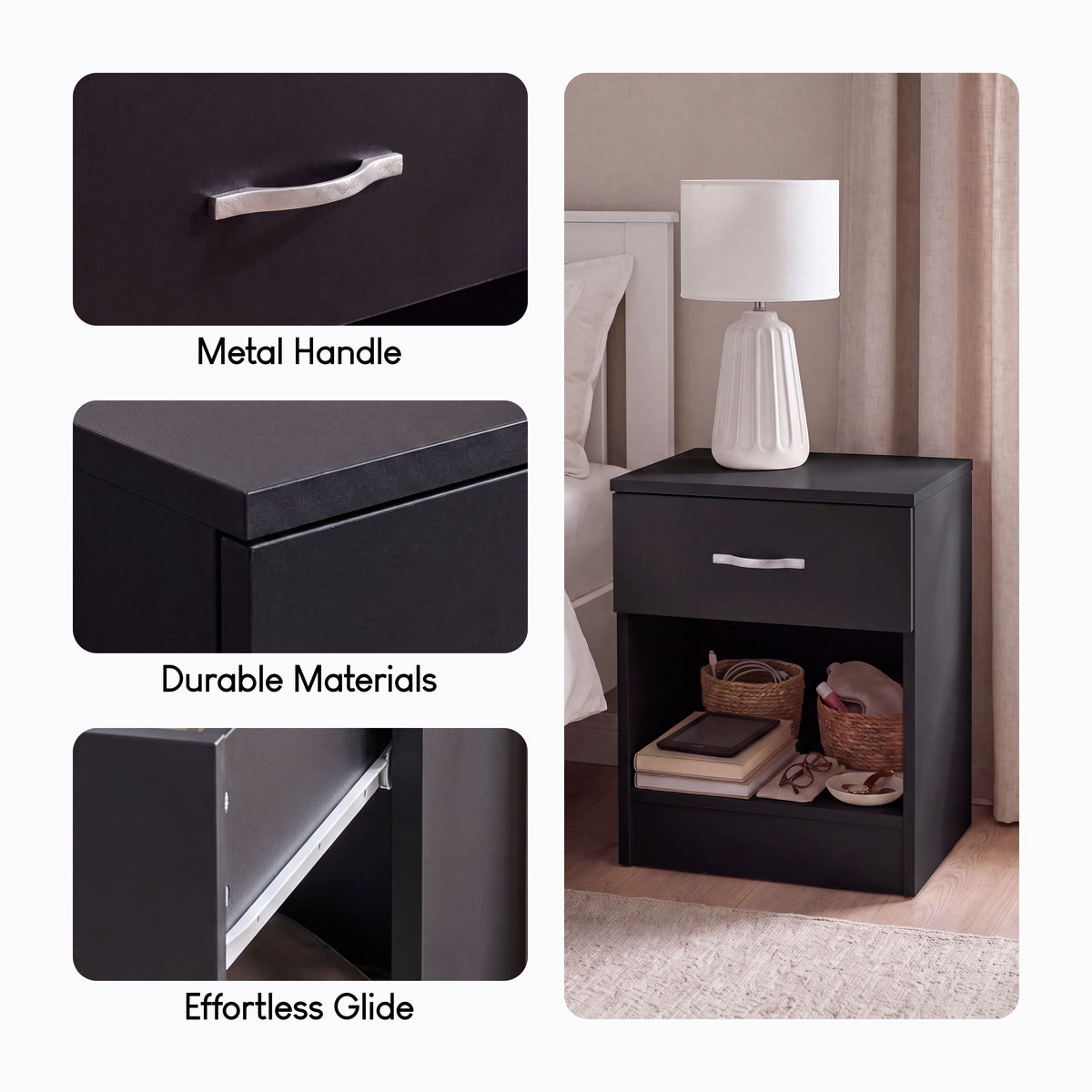 Riano 1-Drawer Bedside Chest, Black