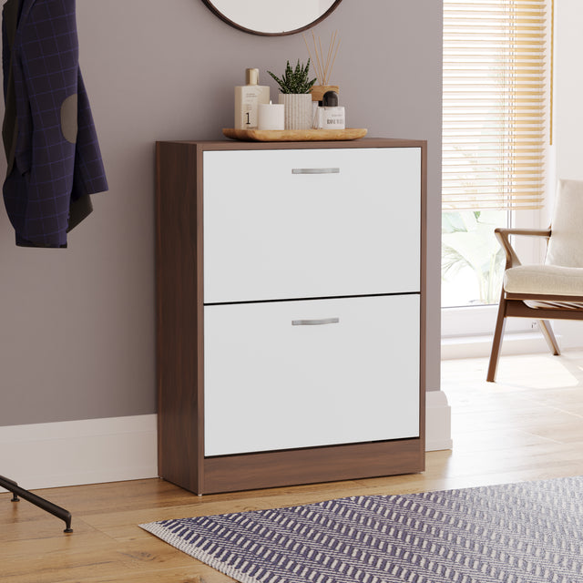 Two-drawer shoe cabinet in walnut & white, with two pull-out drawers.
