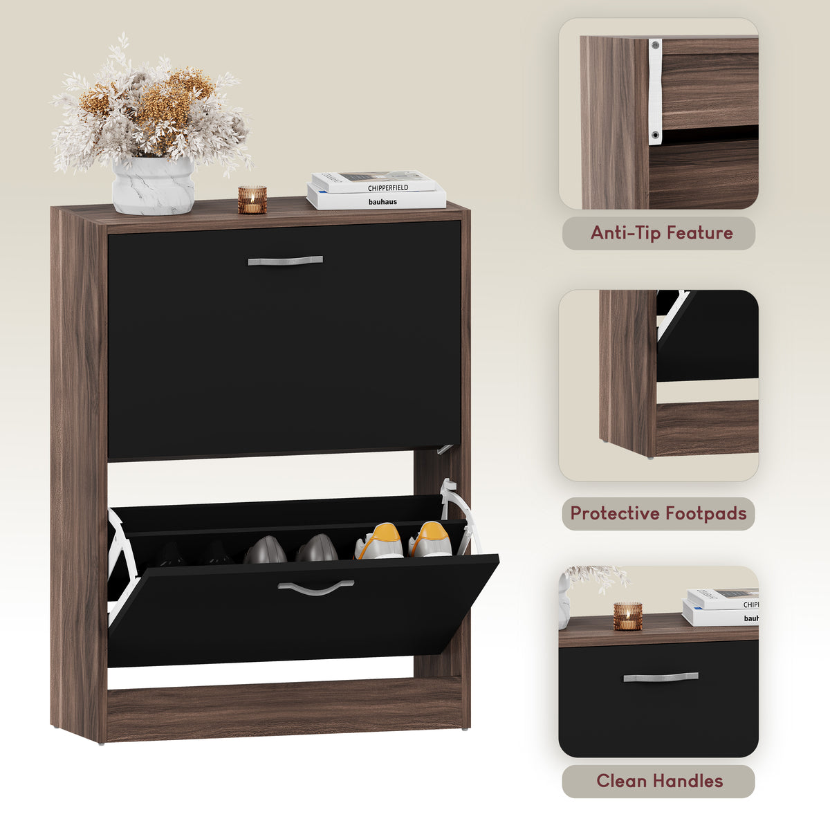 2-Drawer Shoe Cabinet, Walnut & Black