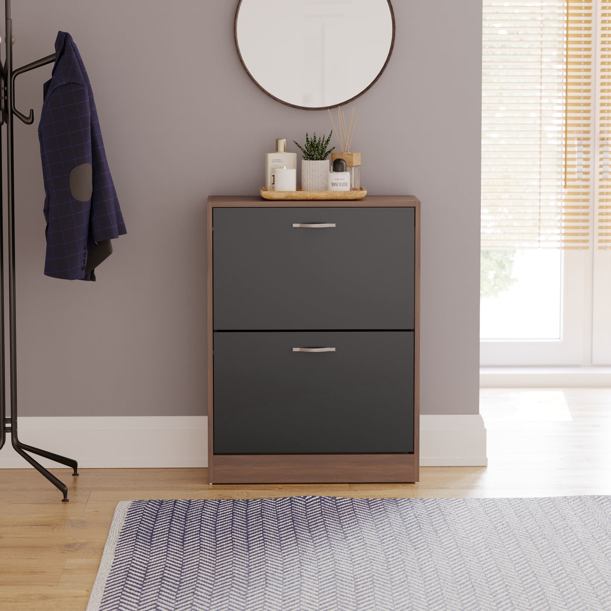 2-Drawer Shoe Cabinet, Walnut & Black