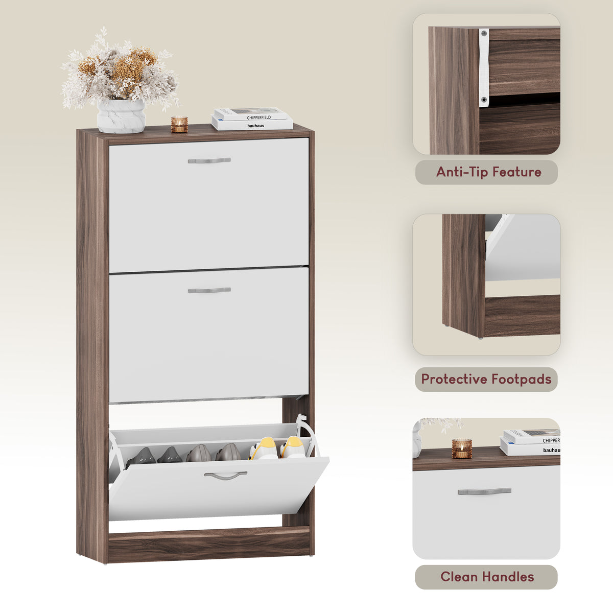 3-Drawer Shoe Cabinet, Walnut & White