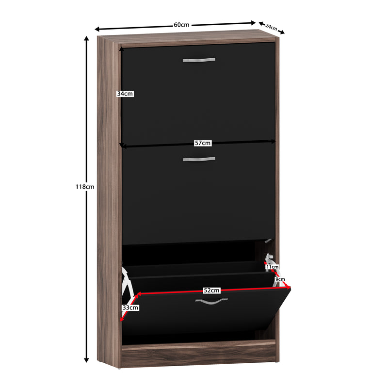 3-Drawer Shoe Cabinet, Walnut & Black