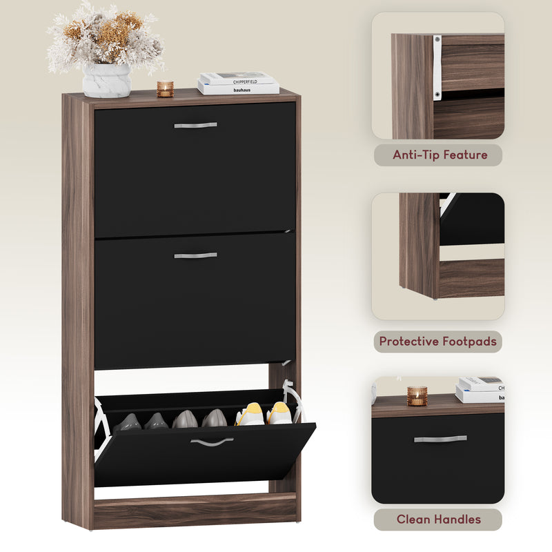 3-Drawer Shoe Cabinet, Walnut & Black