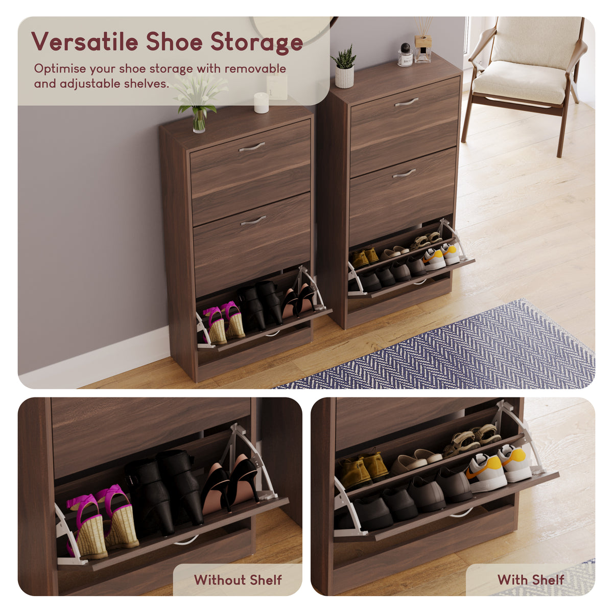 3-Drawer Shoe Cabinet, Walnut
