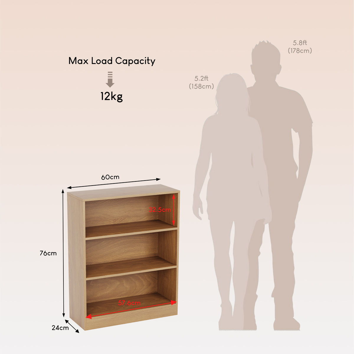 Cambridge 3-Tier Low Bookcase - Oak