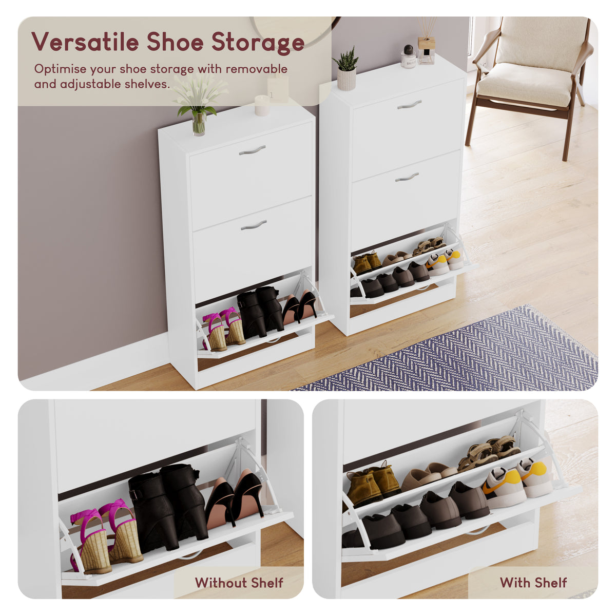 3-Drawer Shoe Cabinet, White
