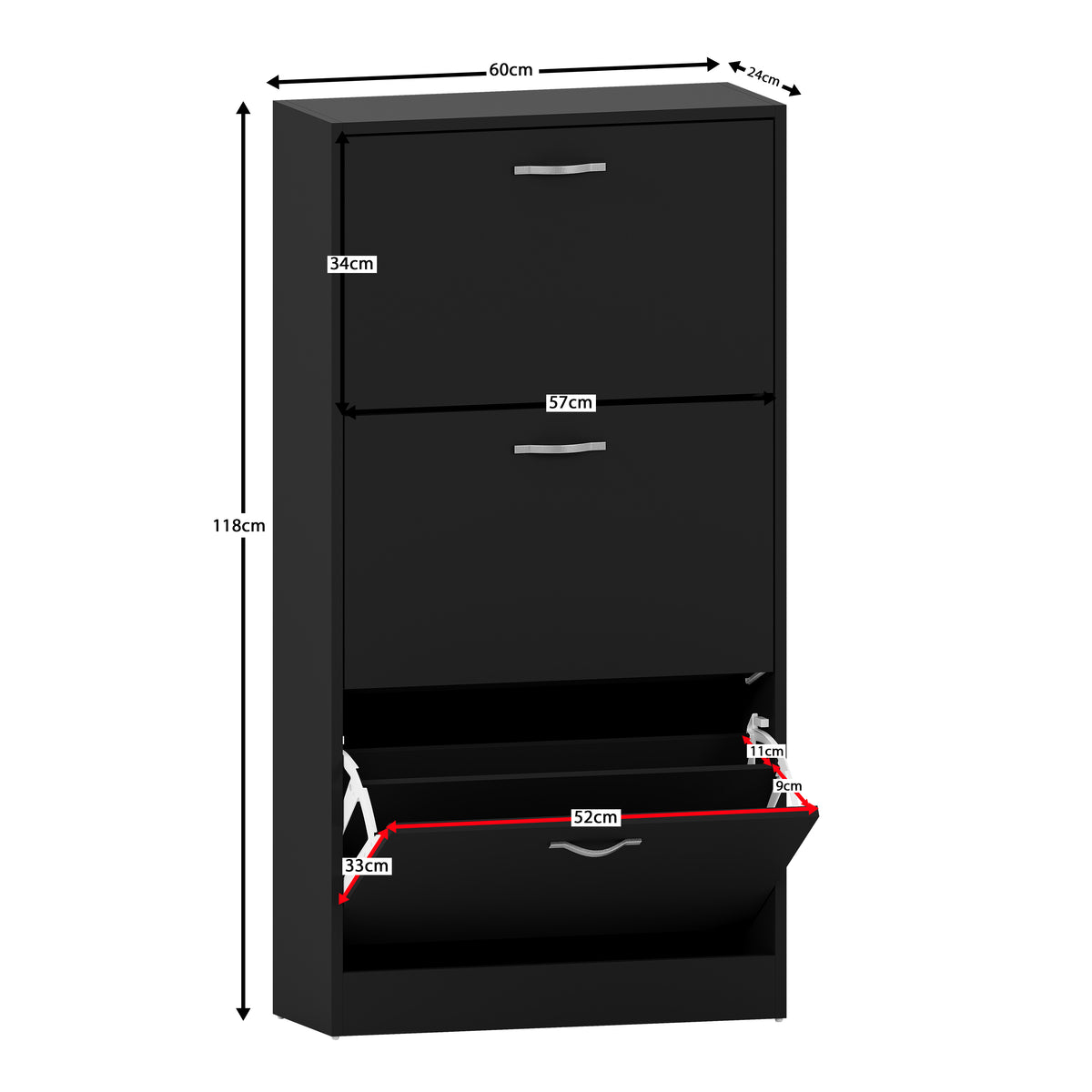 3-Drawer Shoe Cabinet, Black