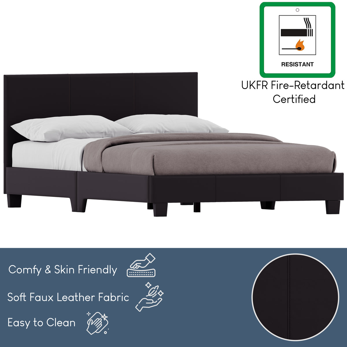 Lisbon King Size Faux Leather Bed, Brown UKFR