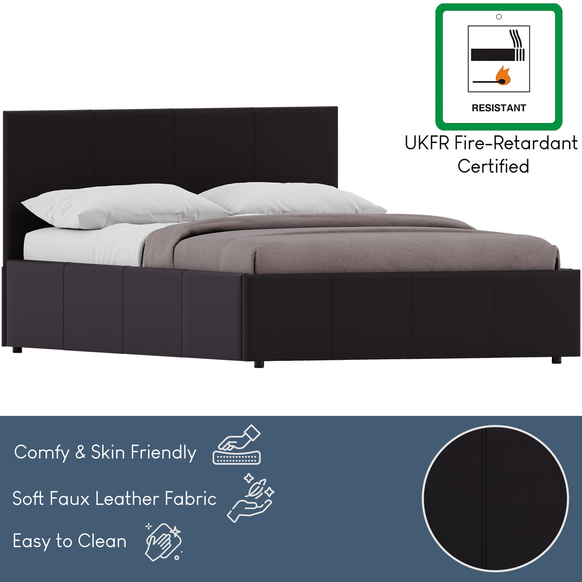 Lisbon Small Double Ottoman Faux Leather Bed, Black UKFR