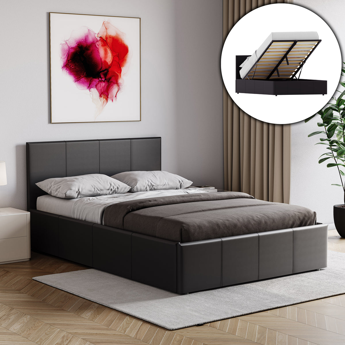 Lisbon Small Double Ottoman Faux Leather Bed, Black UKFR
