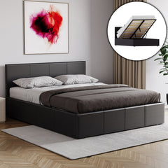 Lisbon Double Ottoman Faux Leather Bed, Black UKFR