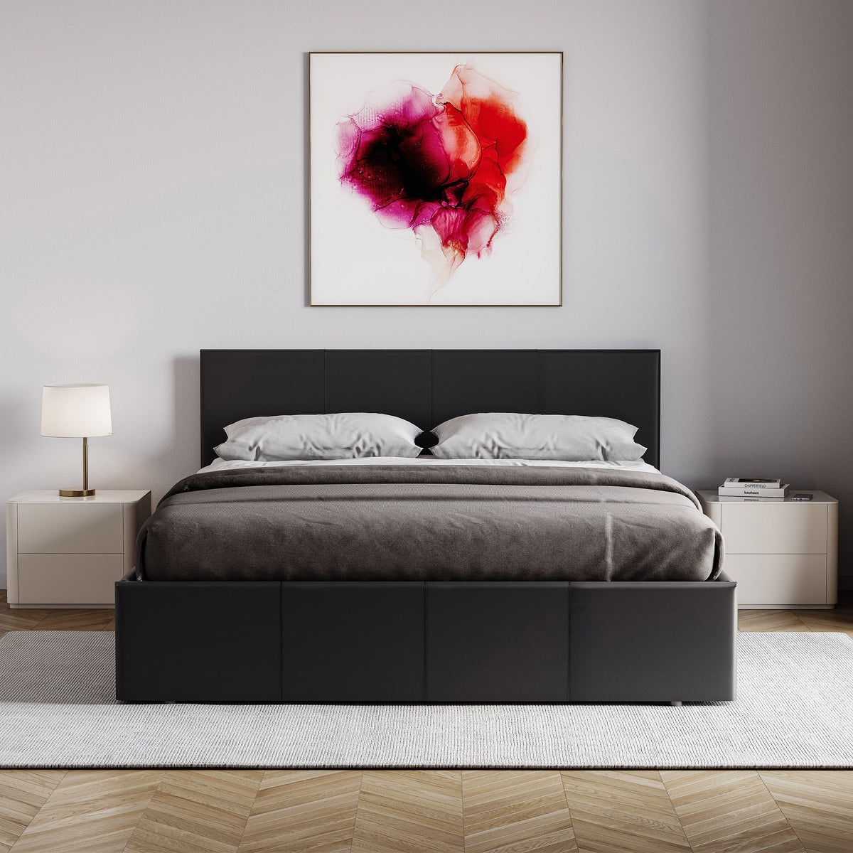 Lisbon Double Ottoman Faux Leather Bed, Black UKFR
