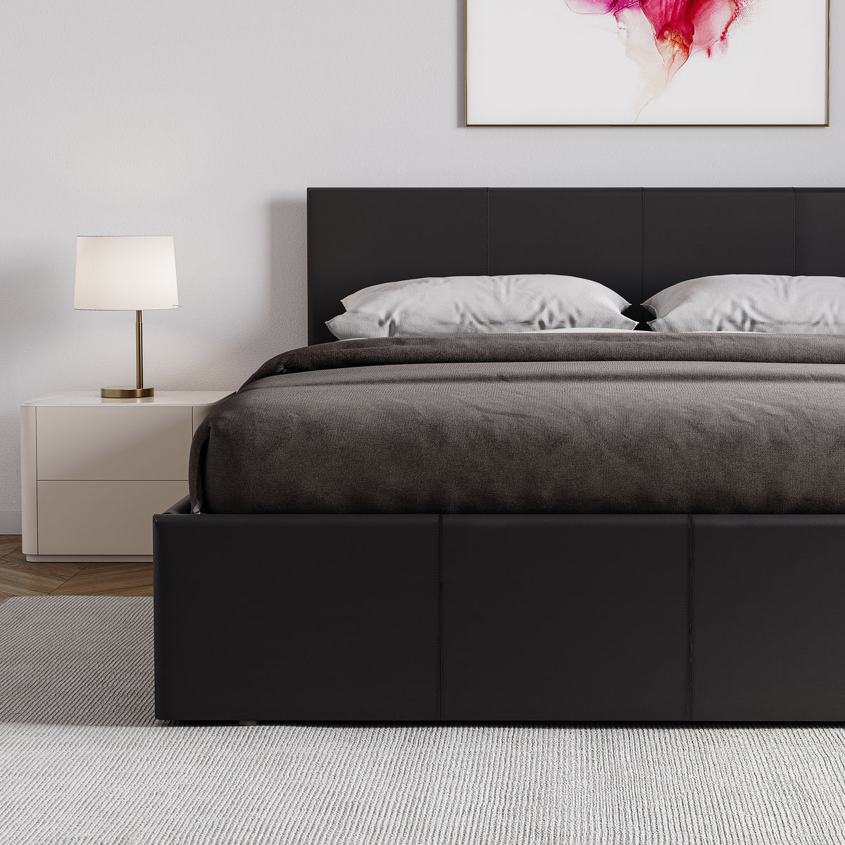 Lisbon King Size Ottoman Faux Leather Bed, Black UKFR