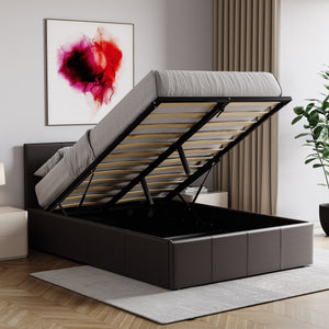 Lisbon Small Double Ottoman Faux Leather Bed, Brown UKFR