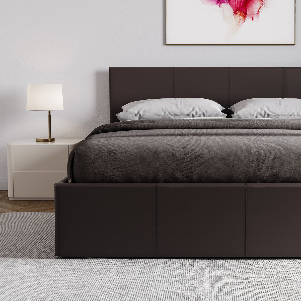 Lisbon Double Ottoman Faux Leather Bed, Brown UKFR