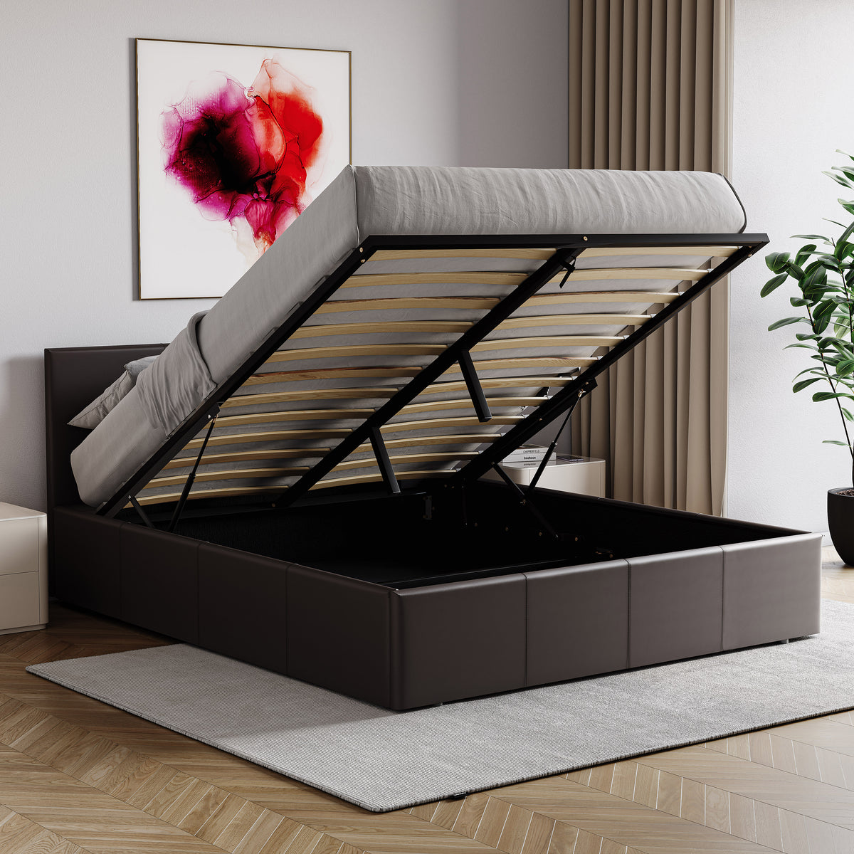 Lisbon King Size Ottoman Faux Leather Bed, Brown UKFR