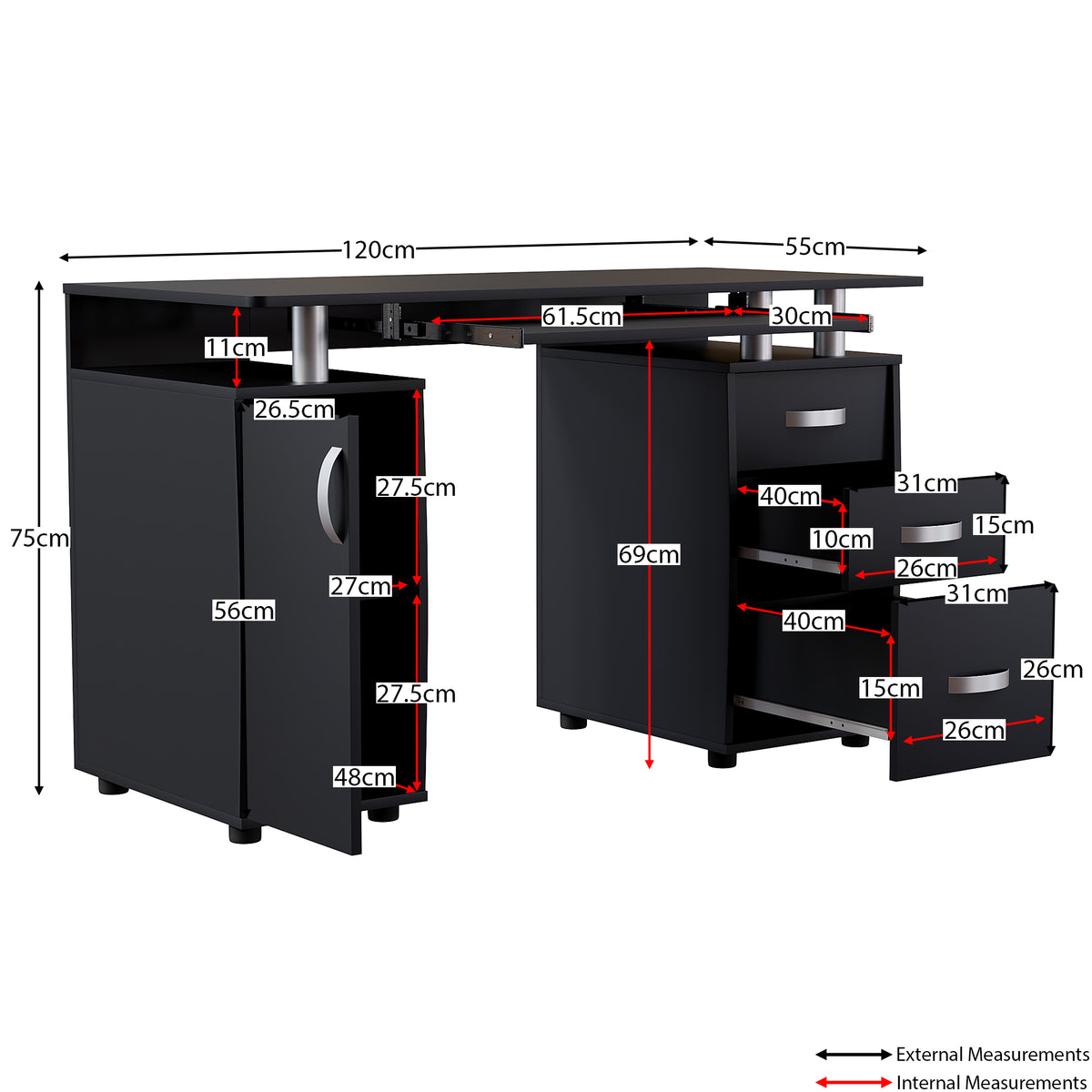 Otley 3-Drawer 1-Door Computer Desk, Black