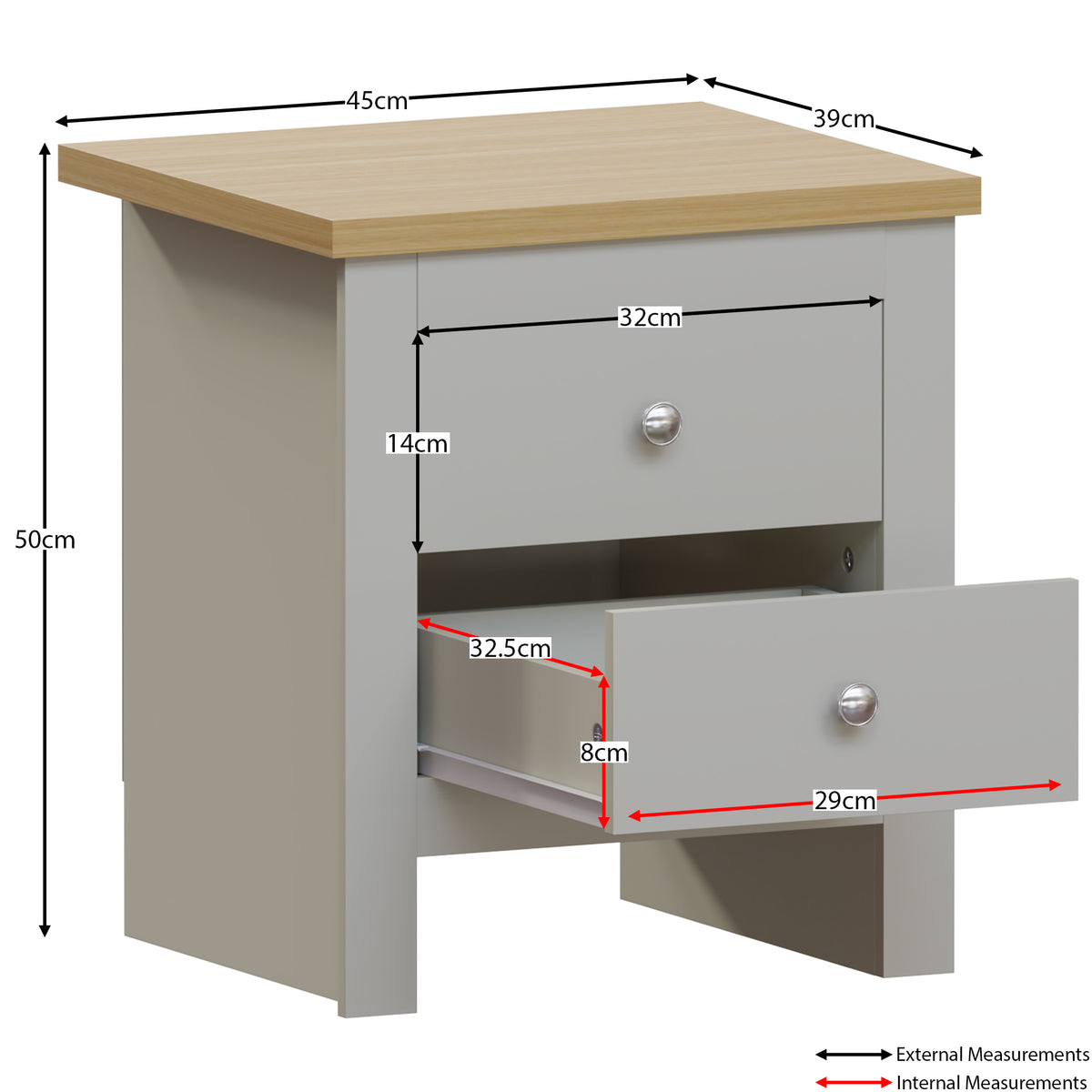 Arlington 2-Drawer Bedside Chest - Grey