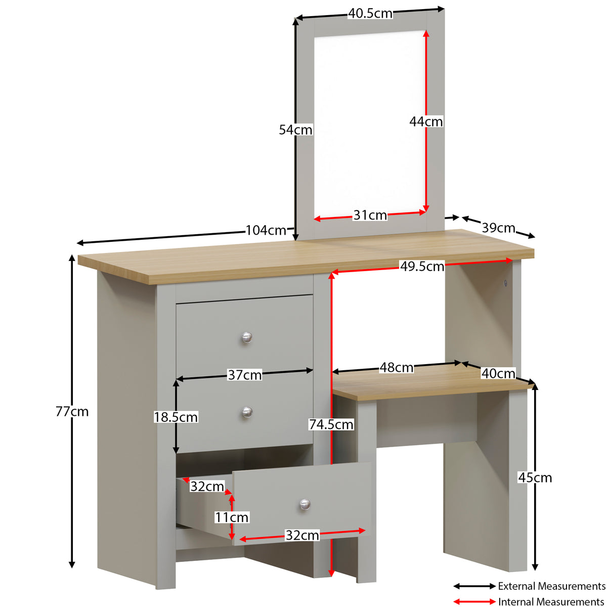 Arlington 3-Drawer Dressing Table Set - Grey