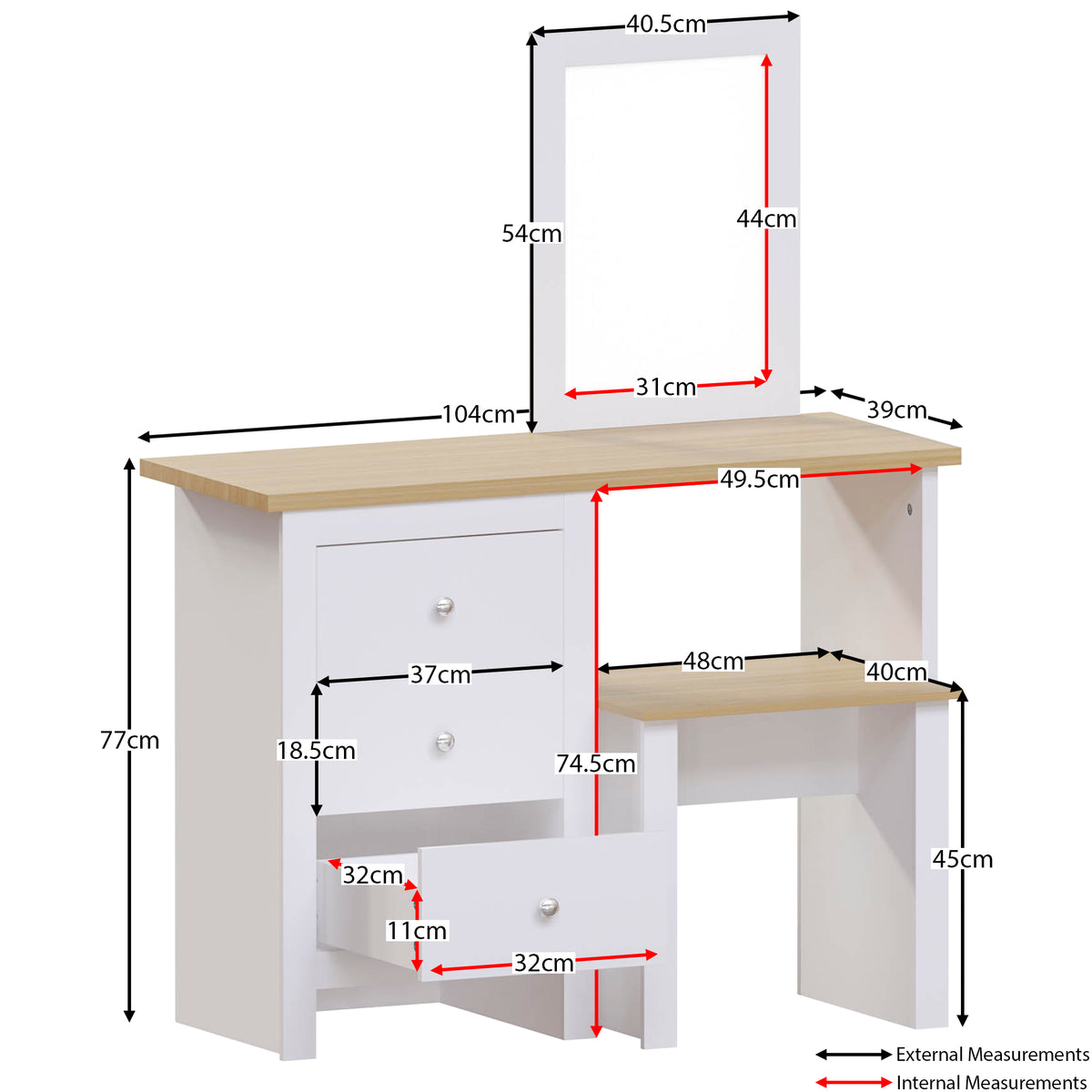 Arlington 3-Drawer Dressing Table Set - White