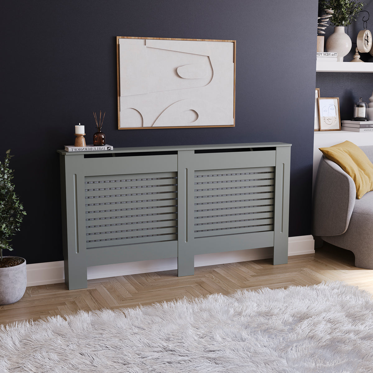 Milton Radiator Cover - Grey, Large, Horizontal Grille Design

