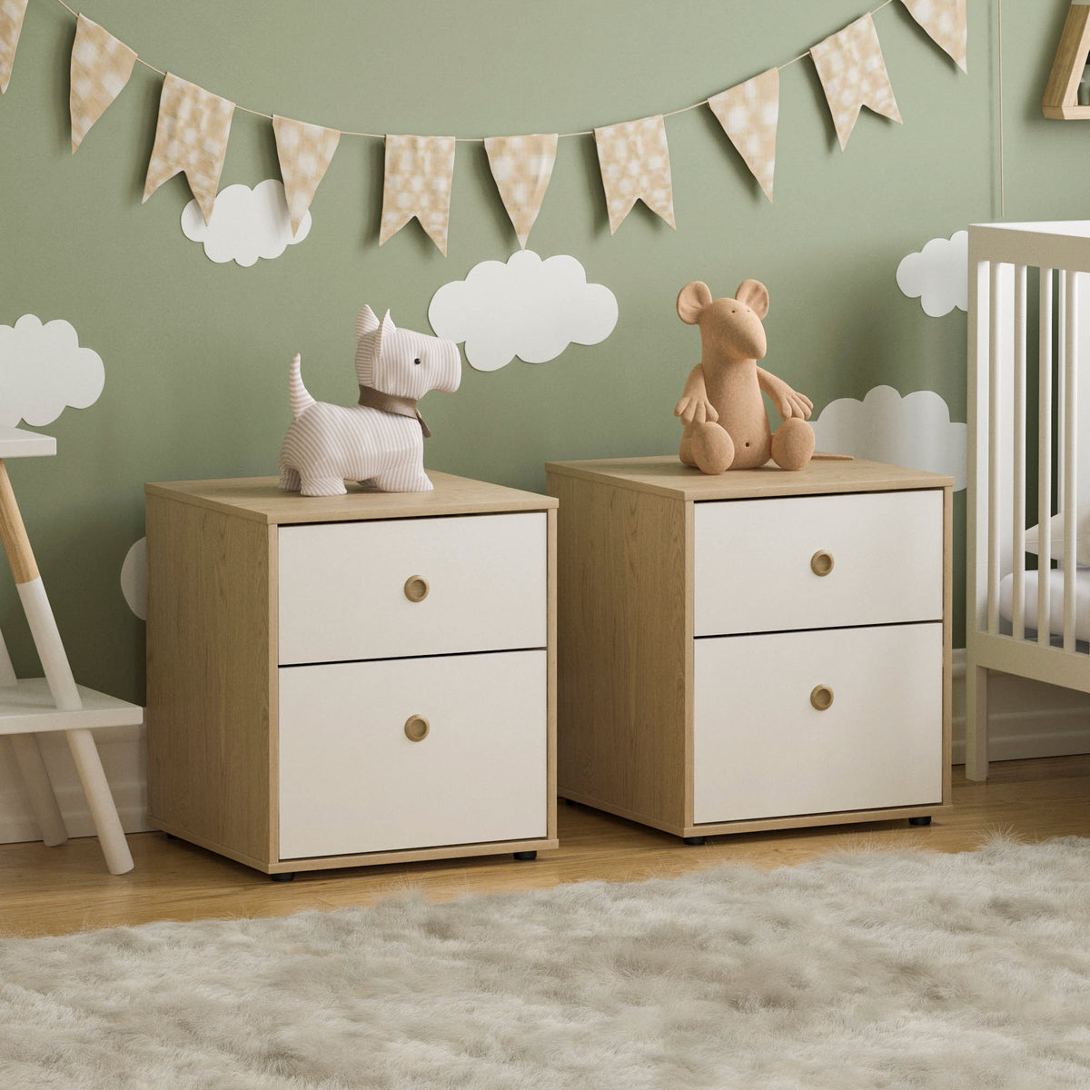 Neptune 2-Drawer Bedside Table - White & Oak, Set of 2