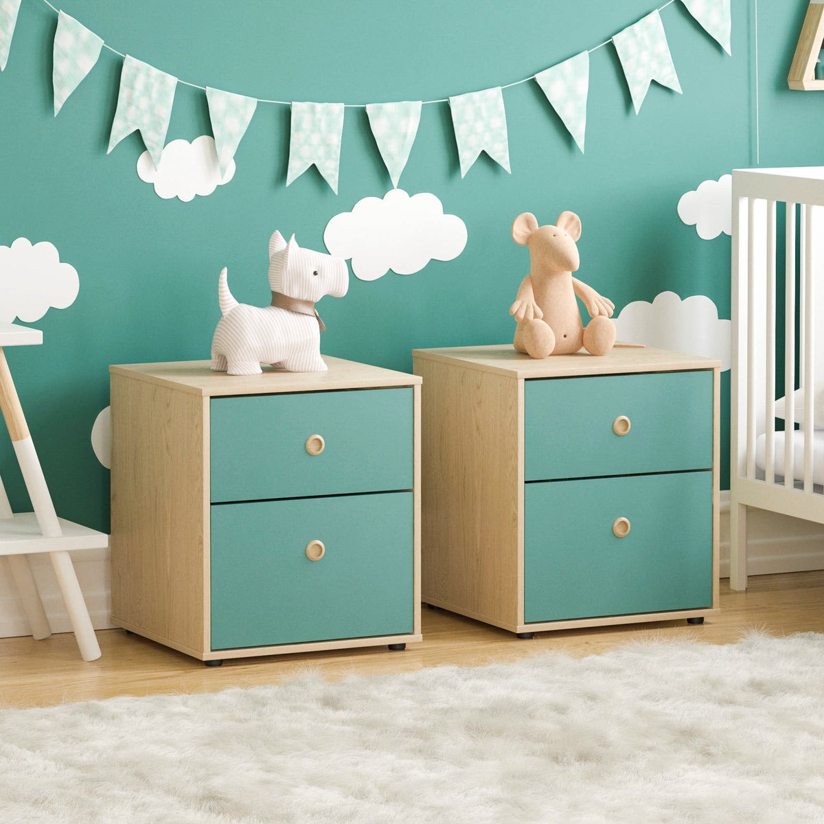 Neptune 2-Drawer Bedside Table - Green & Oak, Set of 2
