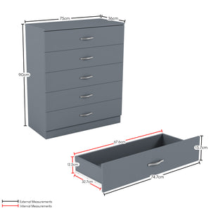 Riano 5 Drawer Chest Grey Bedroom Storage Unit
