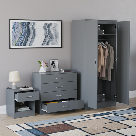 Riano Grey Bedroom Furniture Set with 1 Drawer Bedside, 4 Drawer Chest and 2 Door Wardrobe
