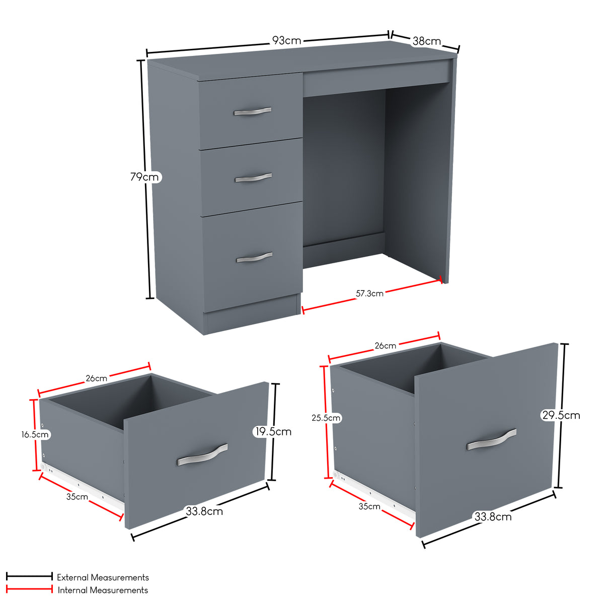 Riano 3-Drawer Dressing Table - Grey