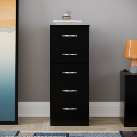 Riano 5 Drawer Narrow Chest Black Bedroom Storage Unit
