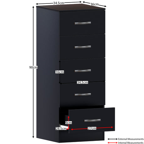 Riano 5 Drawer Narrow Chest Black Bedroom Storage Unit
